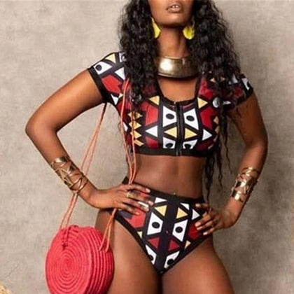 High Waist Bikini African Print Swimsuit 2 Piece Sets Womens Zipper Swimwear High Waisted Bathing Suit Sexy Bikini 2021 Dropship