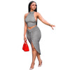 JRRY Sexy Women Set Two Pieces Set Turtleneck Backless Crop Top Drawstrings Mid Calf Slit Skirt 2 Pieces Set Skinny Outfit