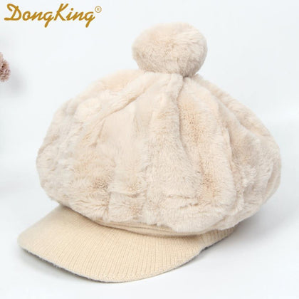 New Winter Rabbit Fur Beret Hat For Women Thickened Ear Cap Ladies Warm Pompom Octagonal Hat Female Girls Knitted Visor - Surprise store