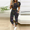 Women Fashion Casual Two-Piece Set Suits Set Female Spring Summer Clothes Short Sleeve Top &Striped Star Drawstring Pants Set