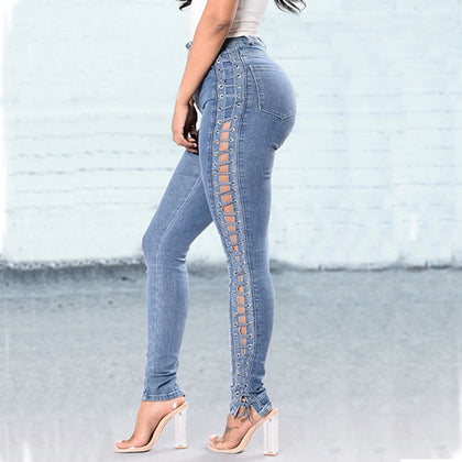 Boyfriend Skinny Jeans For Women Sexy Lace Up Hollow Out Push Up Jeans High Waist Stretchy Denim Jeans Pants Plus Size