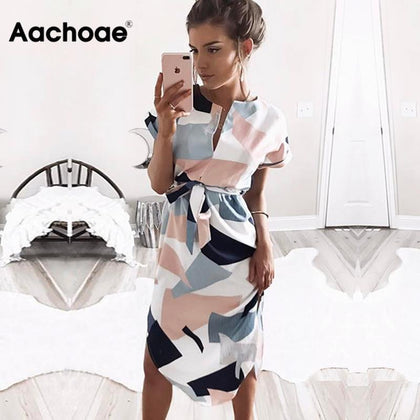 Aachoae 2020 Women Midi Party Dresses Geometric Print Summer Boho Beach Dress Loose Batwing Sleeve Dress Vestidos Plus Size