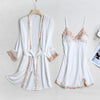 White Lace 2PC Nightwear Set Women Robe Gown Bride Sexy Strap Nightdress Summer V-Neck Sleep Suit Kimono Nighties Homewear