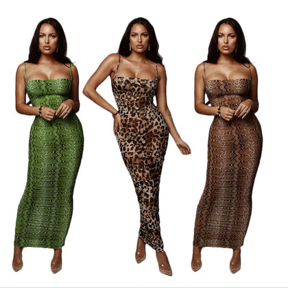 Sexy Leopard Print Snake Skin Dress Women Backless Elegant Bodycon Slim Pencil Dress Plus Size See Through Evening Party Dresses