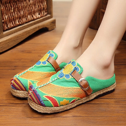 Colorful Rainbow Women Casual Linen Knitted Handmade Mules Slippers Retro Vegan Summer Ladies Canvas Comfortable Shoes