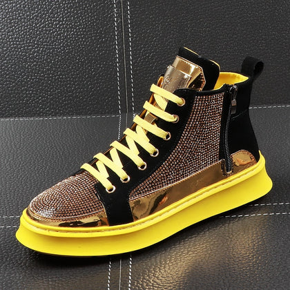 Men High Top Gold Glitter Sneakers Lace Up Crystal Platform Blue Flats Gold Shoes Man Bling Silver Snickers Shoe AD-38