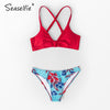 SEASELFIE Red and Floral Print Low-Waisted Bikini Sets Swimsuit Women Sexy Bow-knot Two Pieces Swimwear 2021 Beach Bathing Suits