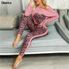 Umeko Ladies Sportswear Long Sleeve One-shoulder Printed Buttons Heart Tops Leopard Print Trousers Autumn Women's Casual Sets