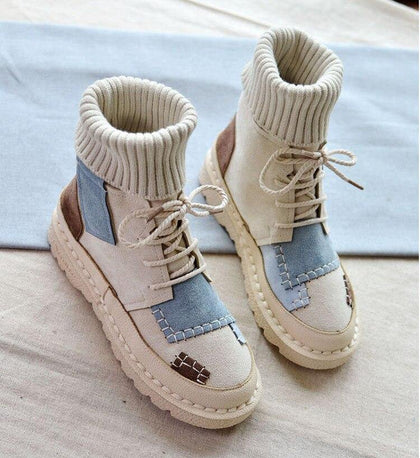 2020 New Boots Women Autumn and Winter Women's High Top Boots Velvet Warm Casual Sneakers Round Toe Lace-Up Student Flat Boots - Surprise store