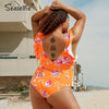 SEASELFIE Plus Size Orange Floral Ruffles V-Neck One Piece Swimsuit Women Large Size Monokini Bathing Suit 2021 Beach Swimwear