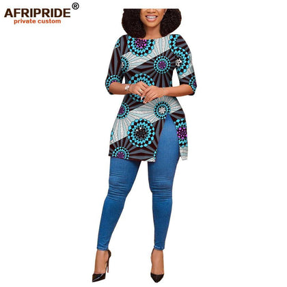 African print women casual shirt AFRIPRIDE tailor made half sleeves side slit long blouse for women 100% cotton A1922005 - Surprise store
