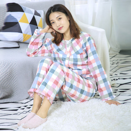 100% Cotton Women Pajamas Sets with Pants Cotton Pijama Plaid Spring Summer Pyjamas Sleepwear Cute Night Wear Nightsuits Mujer