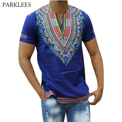 Blue Dashiki T Shirt Men 2018 Brand New African 3D Print Slim Fit Mens T-shirts Casual V Neck Short Sleeve Hip Hop Camisetas 3XL - Surprise store