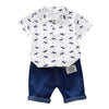 Baby Boy Clothing Sets Summer Toddler Boys Short Sleeve Crown Pattern Shirt Tops+ Denim Pants Kids Clothes Set Newborn Outfits
