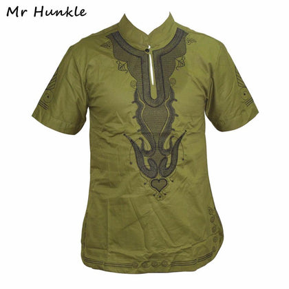 Mr Hunkle Embroidery Summer t-shirt Mandarin Collar Short Sleeve Men's Top Tee Smooth Casual African Traditional Dashiki Shirt - Surprise store