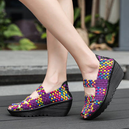 Colorful Women Weave Shoes Breathable Sneakers for Female Anti-slip Outdoor Cool Summer Shoes Fish Mouth Flats Wedge Mother Shoe