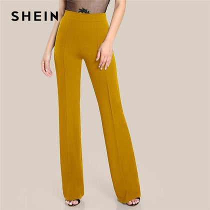 SHEIN Ginger High Rise Piped Pants Elegant Wide Leg Zipper Fly Plain Workwear Trousers Women Stretchy Highstreet Autumn Pants - Surprise store