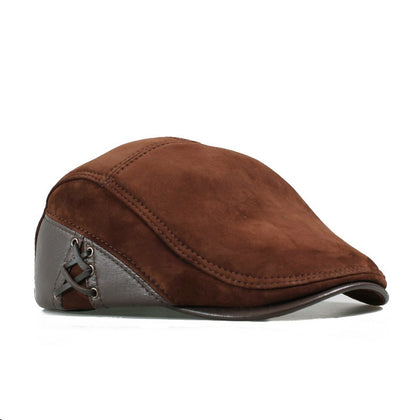 Wholesales European Style Genuine Leather Caps Beret Man Casual Sheepskin Suede Black/Brown Fitted Duckbill Hats Male Boina
