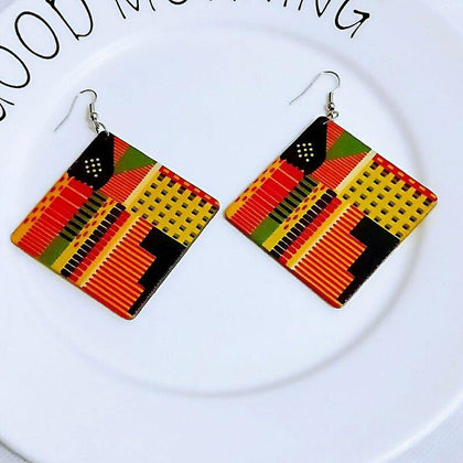 Colorful Natural Wood Square Geometric Painting Africa Tribal Earrings Vintage African Wooden DIY Party Club Jewelry - Surprise store