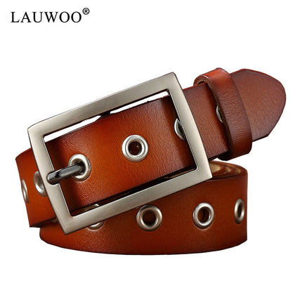 LAUWOO Genuine Leather Rivet Inlay stars Belt For Women Fashion Pin Buckle Waist Women Belts Luxury Brands Leather Belt Female