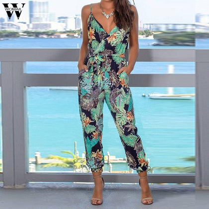 Womail bodysuit Women Summer Sleeveless Print V-Neck Long Jumpsuit Wide Leg Jumpsuit fashion Holiday Vacation Casual 2019 M530 - Surprise store