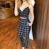 Women Two Piece Sets Summer Short Sleeveless Grid Plunge V-neck Wrapped Plaid Cami Top High Waist Bodycon Ankle-length Pants