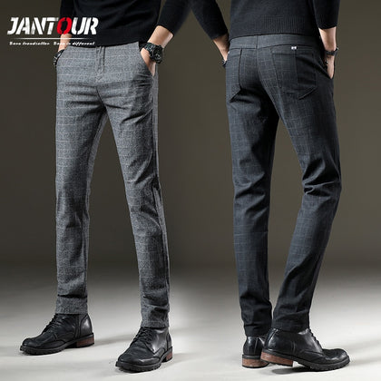 jantour Brand Pants Men Casual Elastic Long Trousers Male Cotton plaid straight gray Work Pant men's spring Large big size 28-38