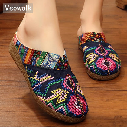 Veowalk Harajuku Summer Women Floral Embroidered Canvas Mules Slippers Hawaii Fashion Ladies Casual Platform Flat Slide Shoes
