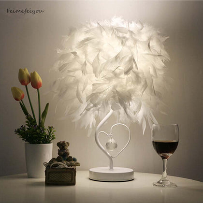 Feimefeiyou Bedside Reading Room Sitting Room Heart Shape Feather Crystal Table Lamp for bedroom Light art deco home planetarium
