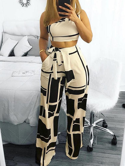 Women Two Pieces Sets Self Belted Crop Top&Pants Colorblock One Shoulder Cropped High Waist Wide Pants Set