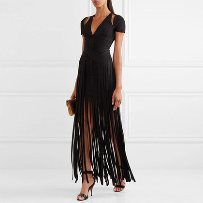 New Celebrity Party Summer Bandage Long Dress Women Short Sleeve V-Neck Elegant Sexy Night Out Tassel Maxi Dress Women Vestidos - Surprise store