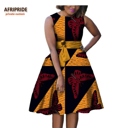 autumn women african dress AFRIPRIDE private custom sleeveless knee-length A-Line pleated casual dress pure cotton A722584 - Surprise store