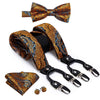 Hi-Tie Vintage Silk Men's Suspender Set Fashion Gold Floral Suspender and Bow Tie Set Leather Metal 6 Clips Suspender Braces