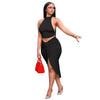 JRRY Sexy Women Set Two Pieces Set Turtleneck Backless Crop Top Drawstrings Mid Calf Slit Skirt 2 Pieces Set Skinny Outfit