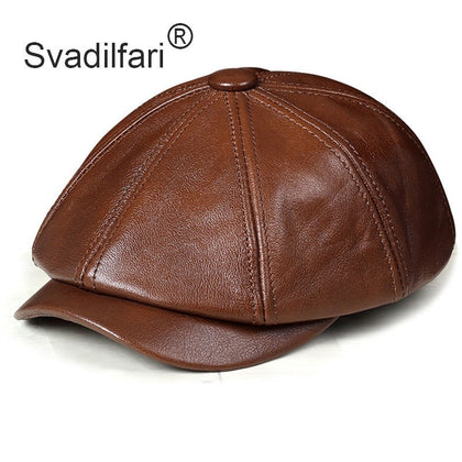 Retro Octagonal Genuine Leather Hat Autumn Men's Cowhide Leather Beret Elegant Fashion Student Tongue Cap Snapback Caps For Men