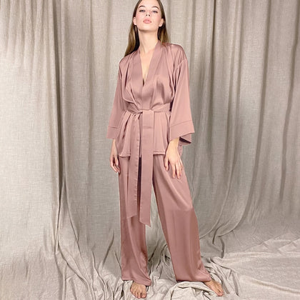 Hwanan Home Suit For Women Sleepwear Loose Flare Pants Three Quarter Sleeve Satin Robe Sets Bathrobe For Home Wear Fashion 2021