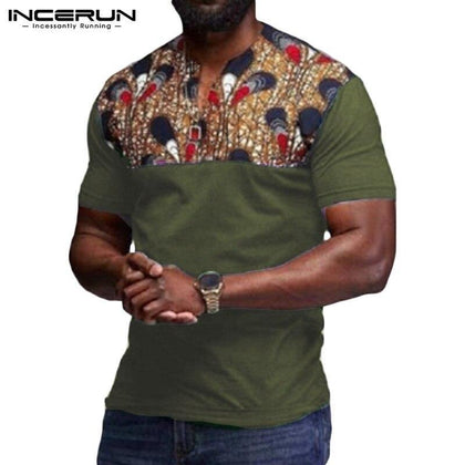 INCERUN Fashion Men Casual T Shirt Short Sleeve Print Patchwork V Neck 2020 African Dashiki Tops Summer T-shirts Men Clothes 5XL - Surprise store