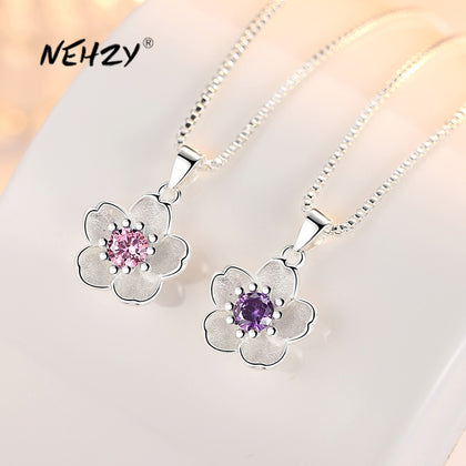 NEHZY 925 Sterling Silver New Woman Fashion Jewelry High Quality Pink Purple Crystal Zircon Flower Pendant Necklace Length 45CM