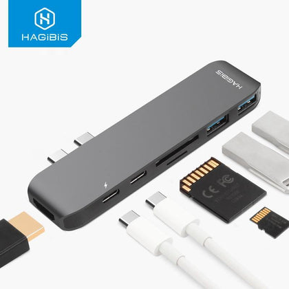 Hagibis 7-in-1 Dual USB-C HUB Type-C Hub Adapter USB-C to HDMI SD/TF Card Reader PD Charging 4K HD for MacBook Pro USB 3.0 HUB - Surprise store