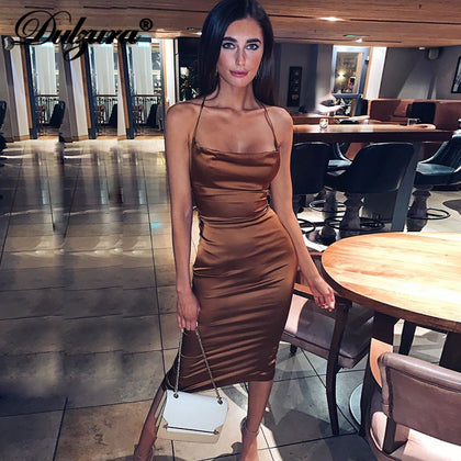 Dulzura neon satin lace up 2020 summer women bodycon long midi dress sleeveless backless elegant party outfits sexy club clothes