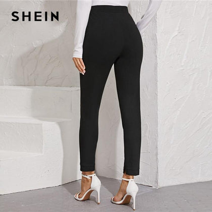 SHEIN Solid Elastic Waist Pocket Side Split Hem Elegant Pants Women Bottoms Autumn High Waist Office Ladies Skinny Trousers - Surprise store