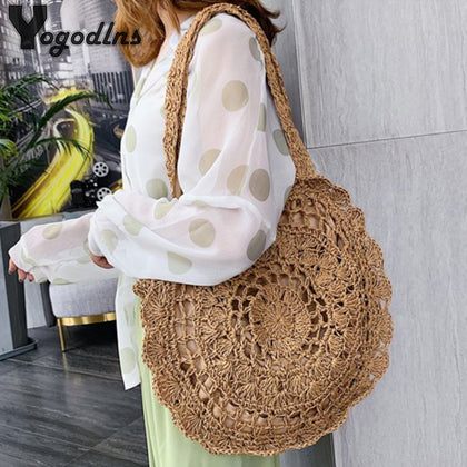 Hand-Woven Straw Bag Women Handmade Hollow Handbag Circle Shape Rattan Bag Big Capacity Summer Handbag Casual Travel Beach Bag