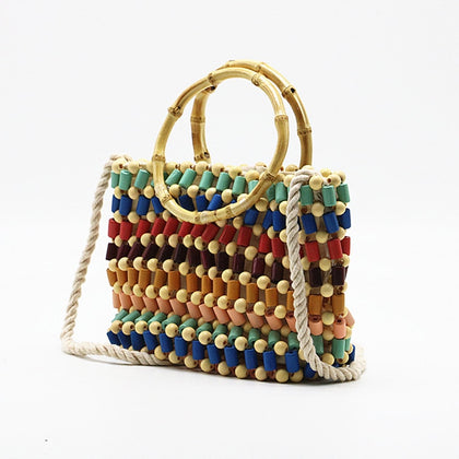 Colorful beads woven bag color hand pearl shoulder bag straw Crossbody bag women high-end fashion wood small handbag