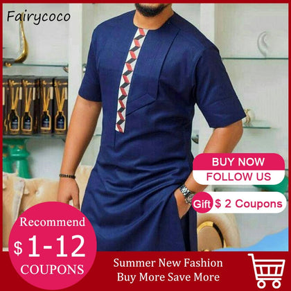 Summer Men Fashion T-Shirt Color Block Dashiki African Male Long Tops Loose Shirts Casual Tshirts Muslim Tee Short Sleeve 2021