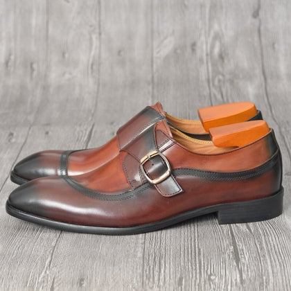 Men Oxford British Style Hand-Painted Brown Color Office Formal Pointed Toe Strap Buckle Mens Dress Wedding Cow Leather Shoes