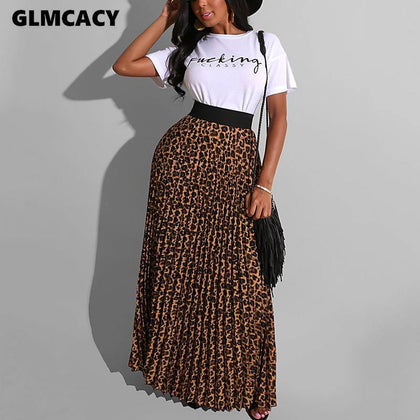 Women Casual Short Sleeve T Shirts Vintage Leopard Pleated Skirts Casual Ladies Two Piece Chic Suits Long Skirt - Surprise store