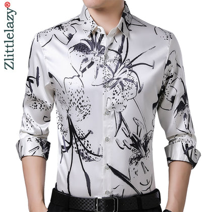 2021 Brand Long Sleeve Men Social Shirt Spring Streetwear Casual Floral Shirts Dress Mens Slim Regular Fit Clothes Fashions 0074