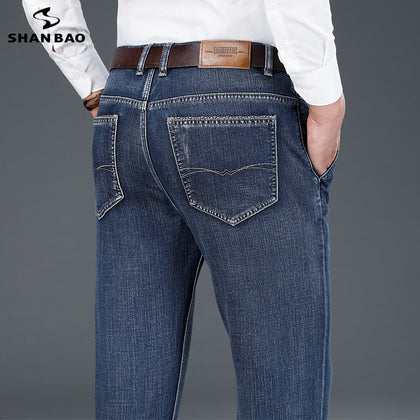 SHAN BAO 2021 autumn winter brand soft Yassel cotton stretch straight denim jeans classic pocket men's business casual trousers