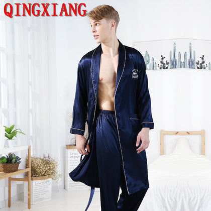 Men Plus Size Short Long Pants Bathrobe Soft Ice Silk Cool Pajamas Set Two Pieces Turn-Down Neck Long Sleeves Night Sleepwear