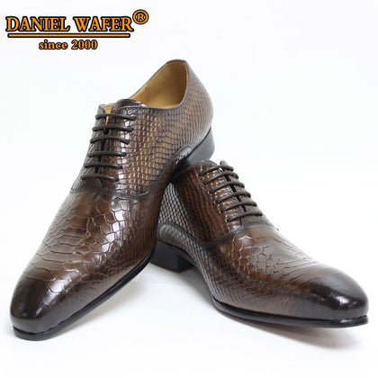 Men Leather Shoes Snake Skin Prints Men Business Dress Classic Style Coffee Black Lace Up Pointed Toe Shoes For Men Oxford Shoes